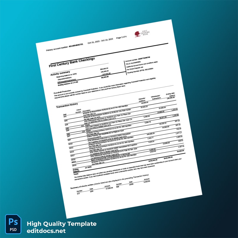 USA First Century Bank Statement Template in Word and PDF formats page 2