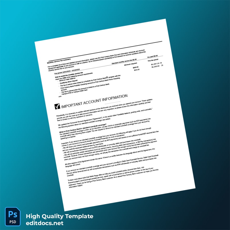 USA First Century Bank Statement Template in Word and PDF formats page 3