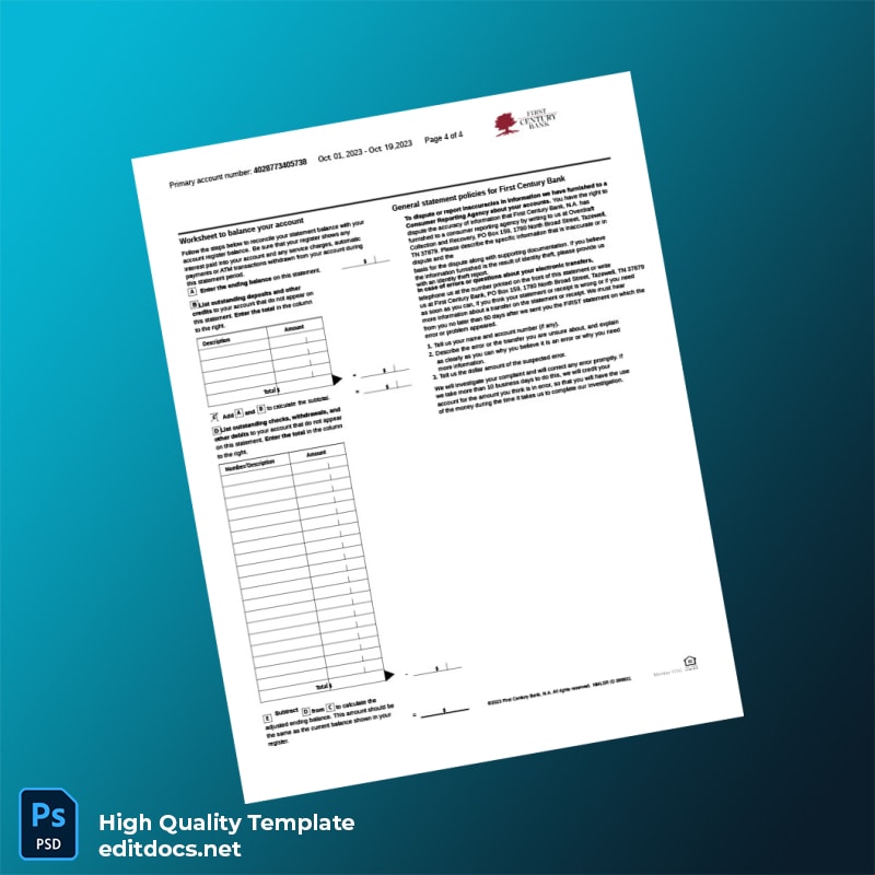 USA First Century Bank Statement Template in Word and PDF formats page 4