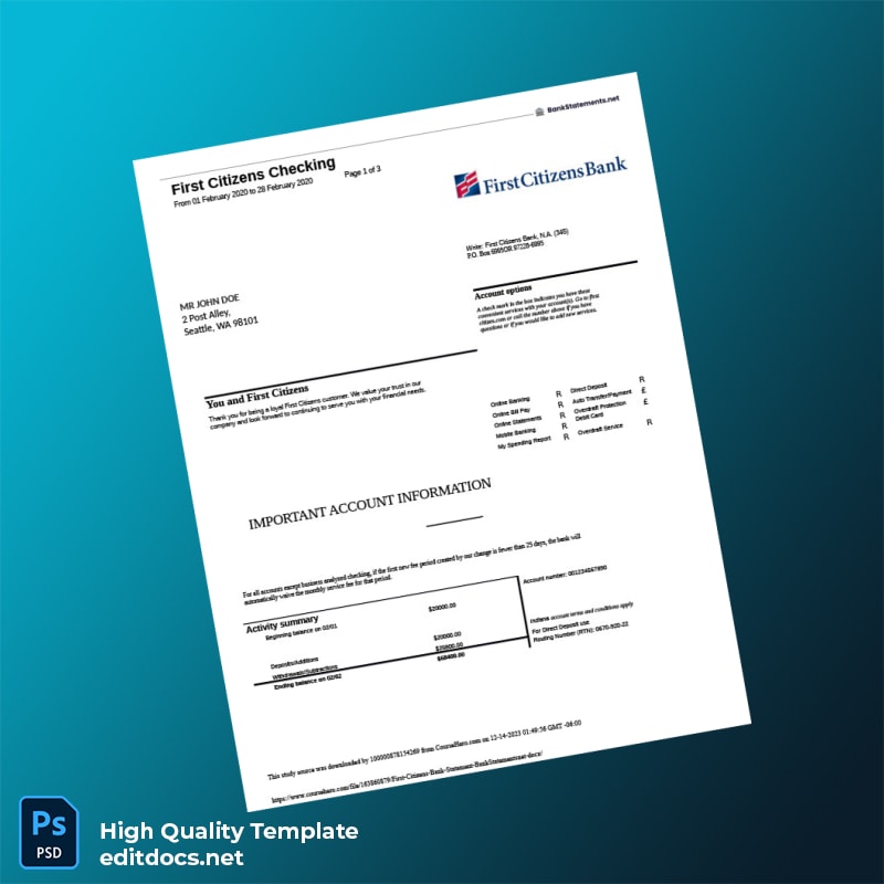 USA First Citizens Bank Statement Template in Word and PDF formats