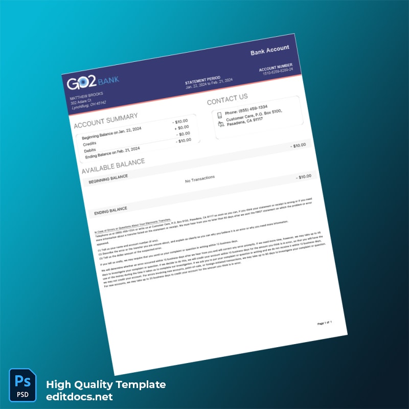 USA Go2bank Bank Statement Template in Word and PDF formats