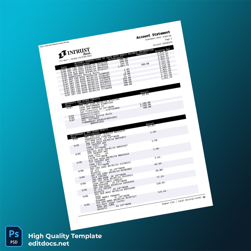 USA INTRUST Bank Statement Template in Word and PDF formats page 2