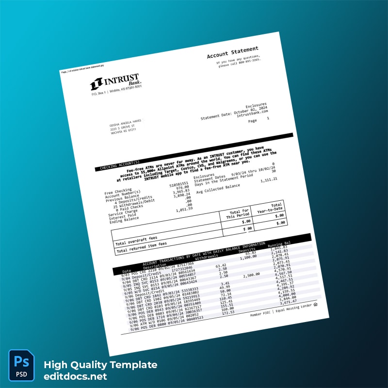 USA INTRUST Bank Statement Template in Word and PDF formats