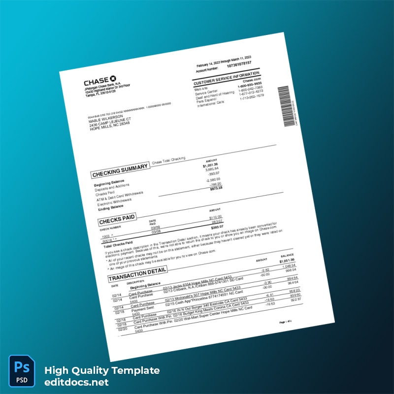 USA JPMorgan Chase Bank Statement Template in Word and PDF formats