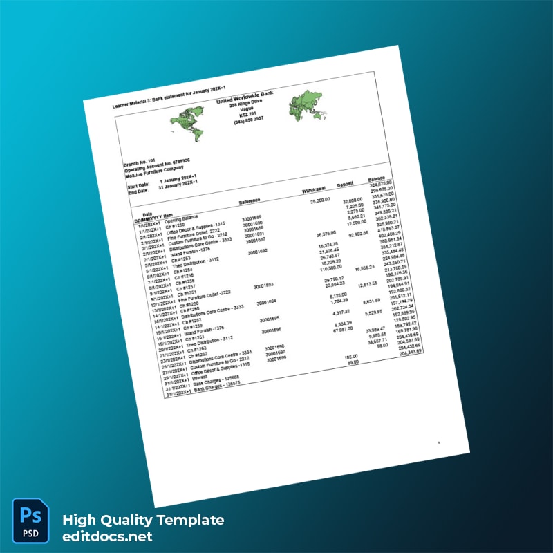 USA Mo Joe Furniture Company Bank Statement Template in Word and PDF formats