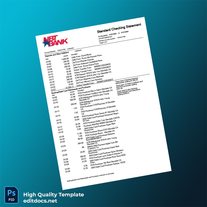 USA NBT Bank Statement Template in Word and PDF formats page 2