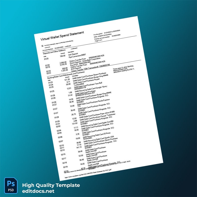 USA PNC Bank Statement Template in Word and PDF formats page 2