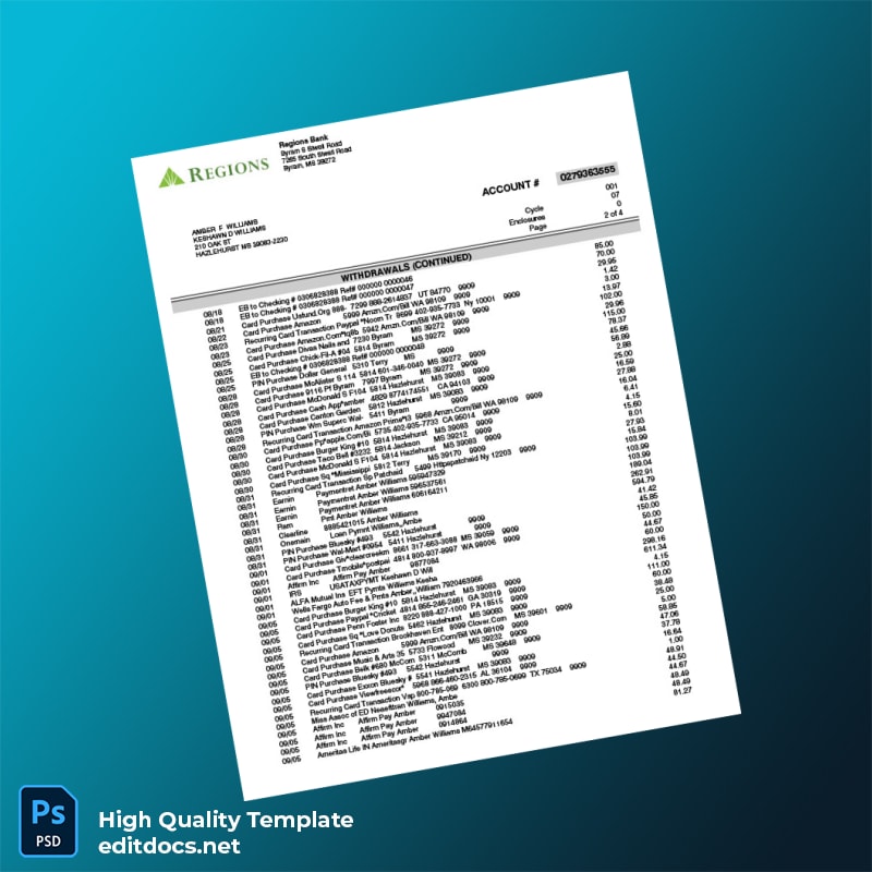 USA Regiones Bank Statement Template in Word and PDF formats page 2