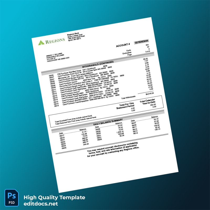 USA Regiones Bank Statement Template in Word and PDF formats page 3
