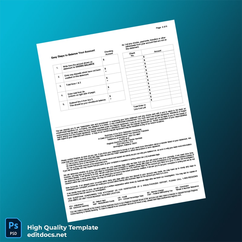 USA Regiones Bank Statement Template in Word and PDF formats page 4