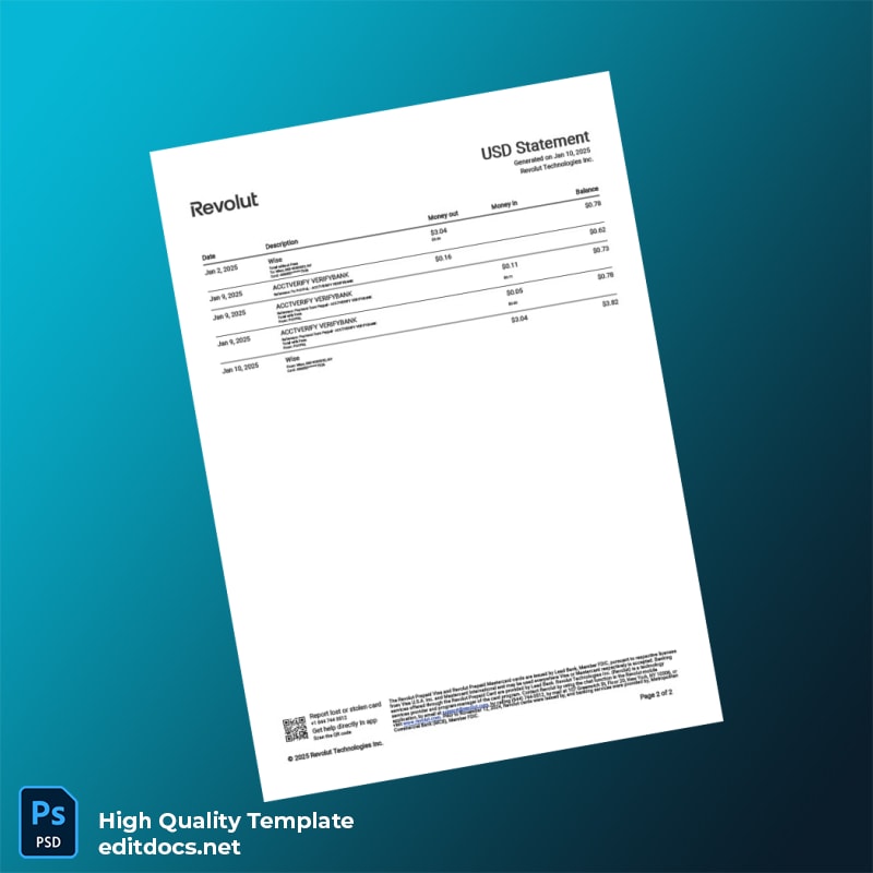 USA Revolut Bank Statement Template in Word and PDF formats page 2