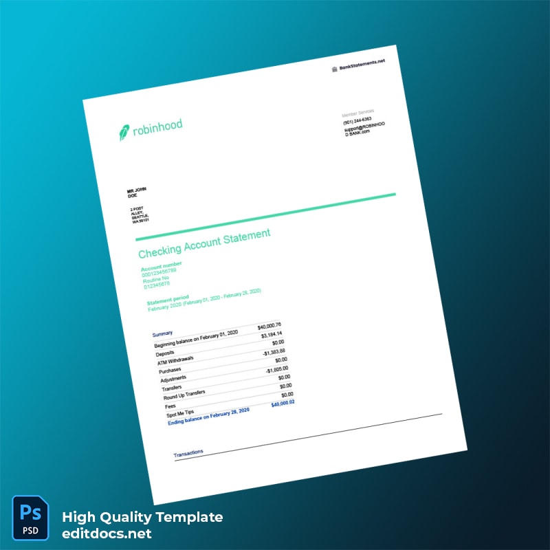 USA Robinhood Bank Statement Template in Word and PDF formats