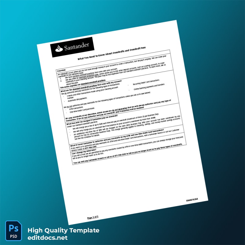 USA Santander Bank Statement Template in Word and PDF formats page 2