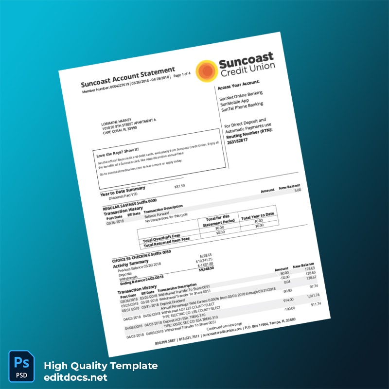 USA Suncoast Bank Statement Template in Word and PDF formats