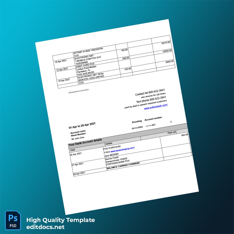 USA Sutton Bank Statement Template in Word and PDF formats page 2