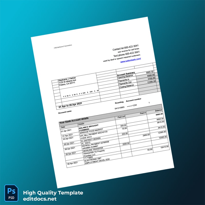 USA Sutton Bank Statement Template in Word and PDF formats
