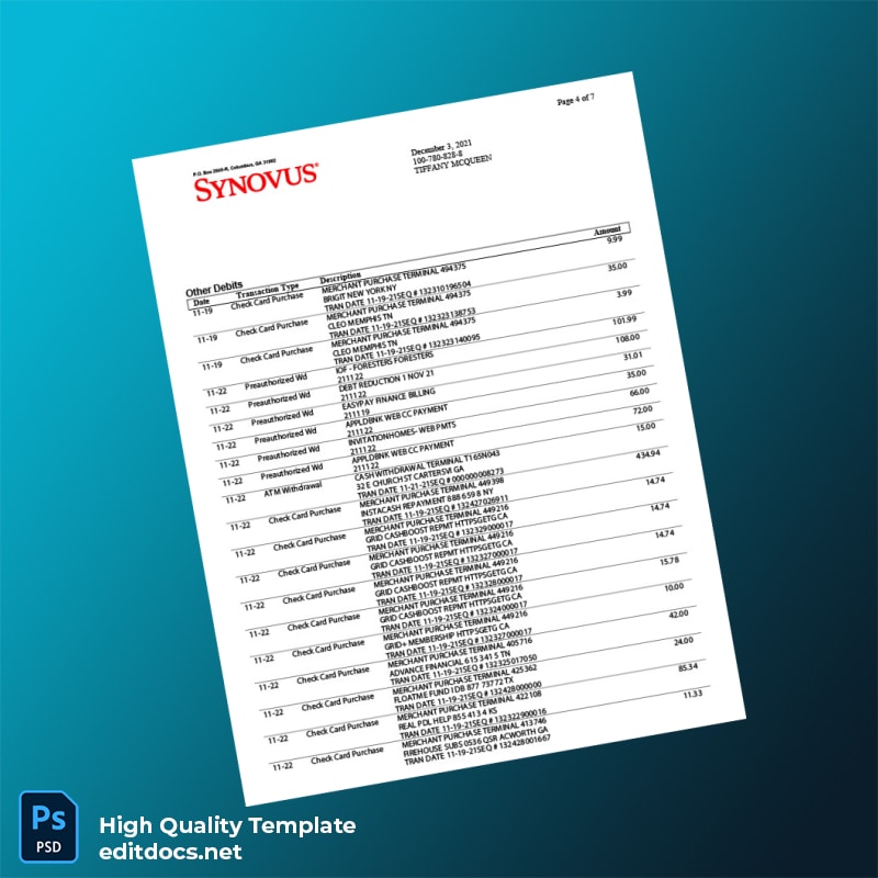 USA Synovus Bank Statement Template in Word and PDF formats page 4