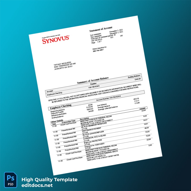 USA Synovus Bank Statement Template in Word and PDF formats