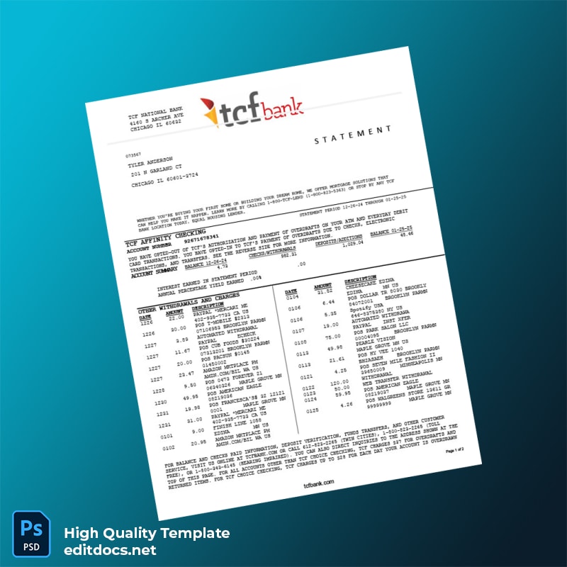 USA TCF Bank Statement Template in Word and PDF formats