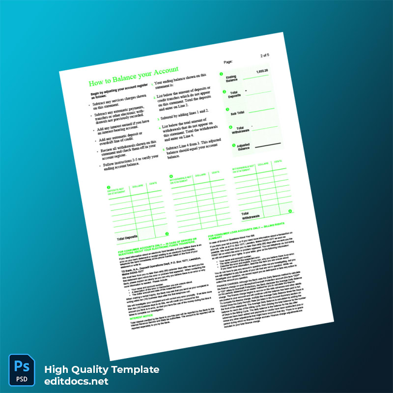 USA TD Bank Statement Template in Word and PDF formats page 2