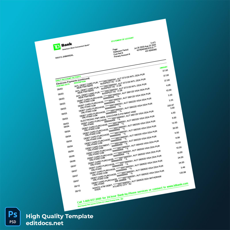 USA TD Bank Statement Template in Word and PDF formats page 3