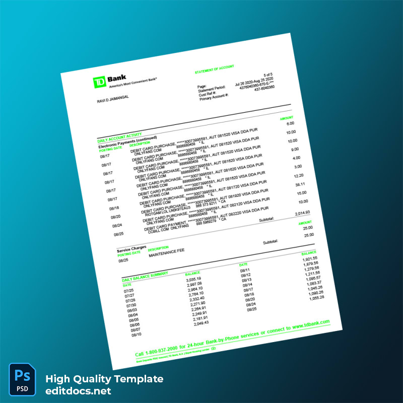 USA TD Bank Statement Template in Word and PDF formats page 5