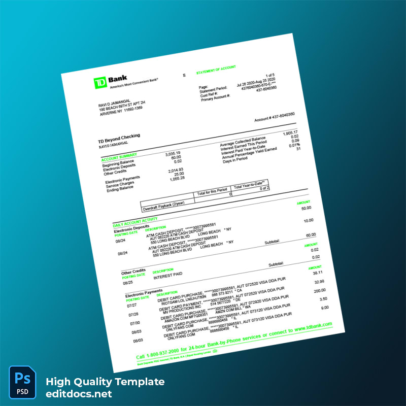 USA TD Bank Statement Template in Word and PDF formats