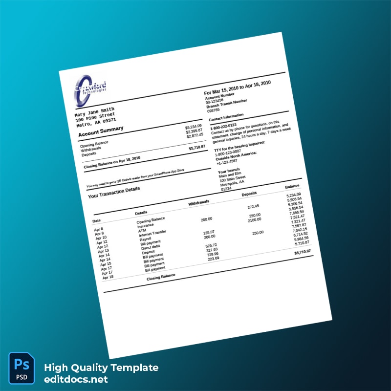 USA Template Bank Statement Template in Word and PDF formats