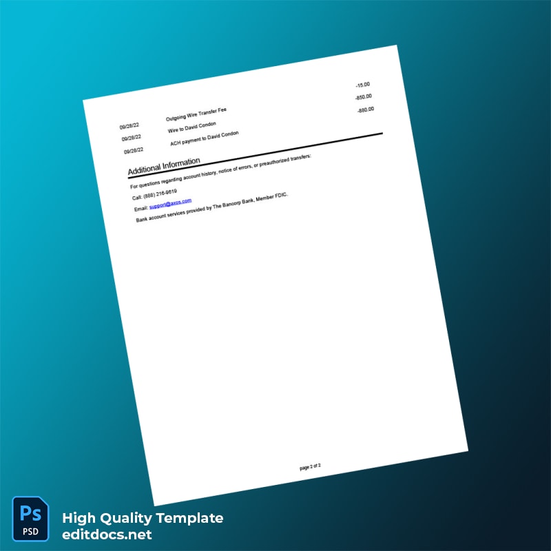 USA The Bancorp Bank Account Statement Template in Word and PDF formats page 2