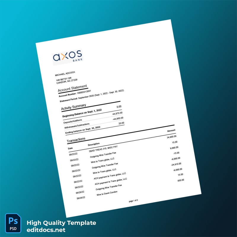 USA The Bancorp Bank Account Statement Template in Word and PDF formats