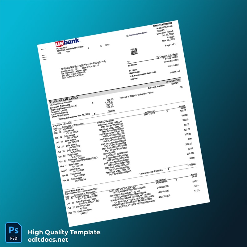 USA U S Bank Account Statement Template in Word and PDF formats