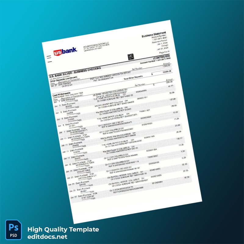 USA US Bank Bank Statement Template in Word and PDF formats page 3