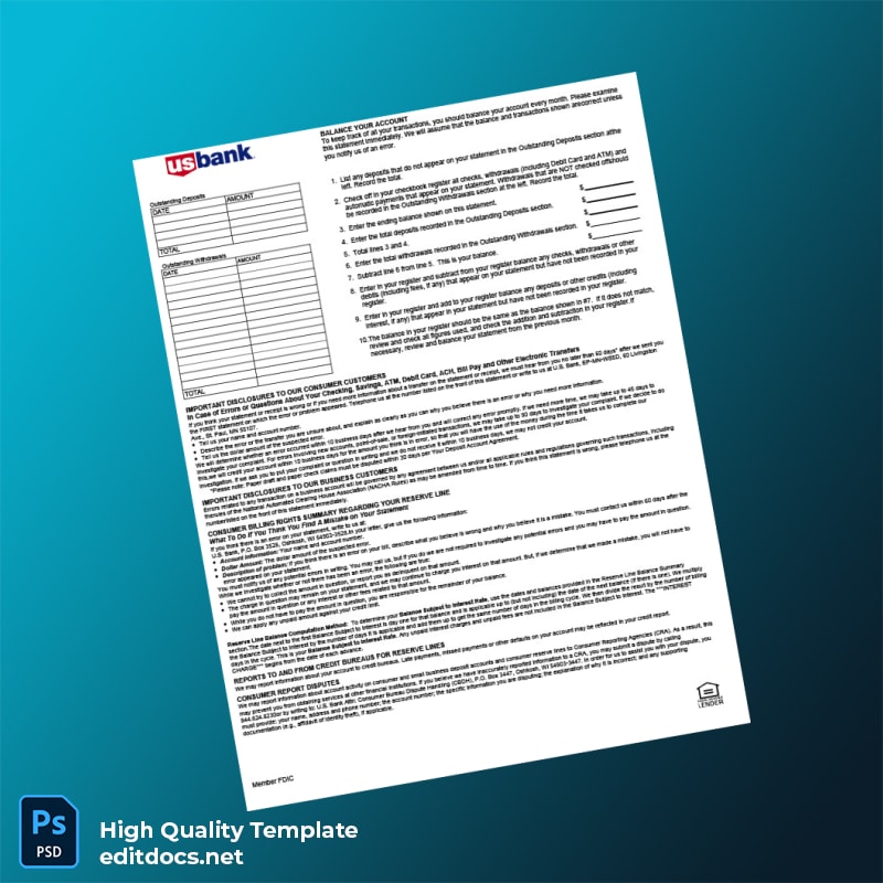 USA US Bank Statement Template in Word and PDF formats page 2