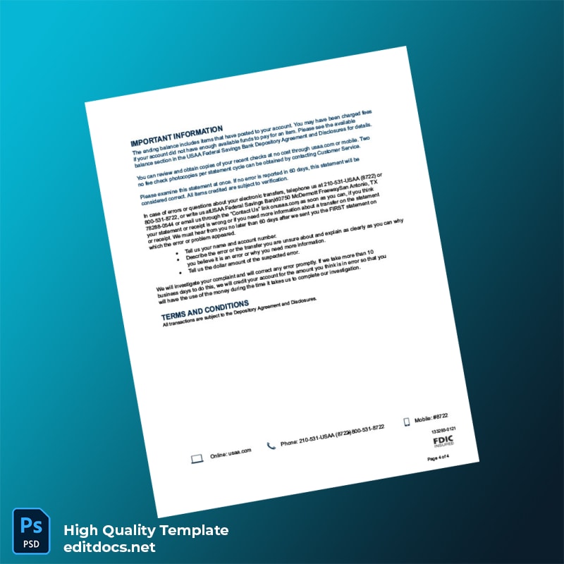 USA USAA Federal Savings Bank Account Statement Template in Word and PDF formats page 4