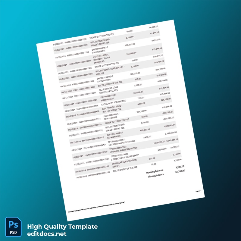 Uganda Absa Bank Statement Template in Word and PDF formats page 2