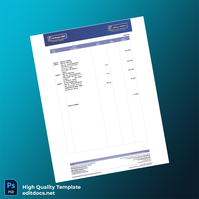 United Arab Emirates Emirates NBD Account Statement Template in Word and PDF formats page 2