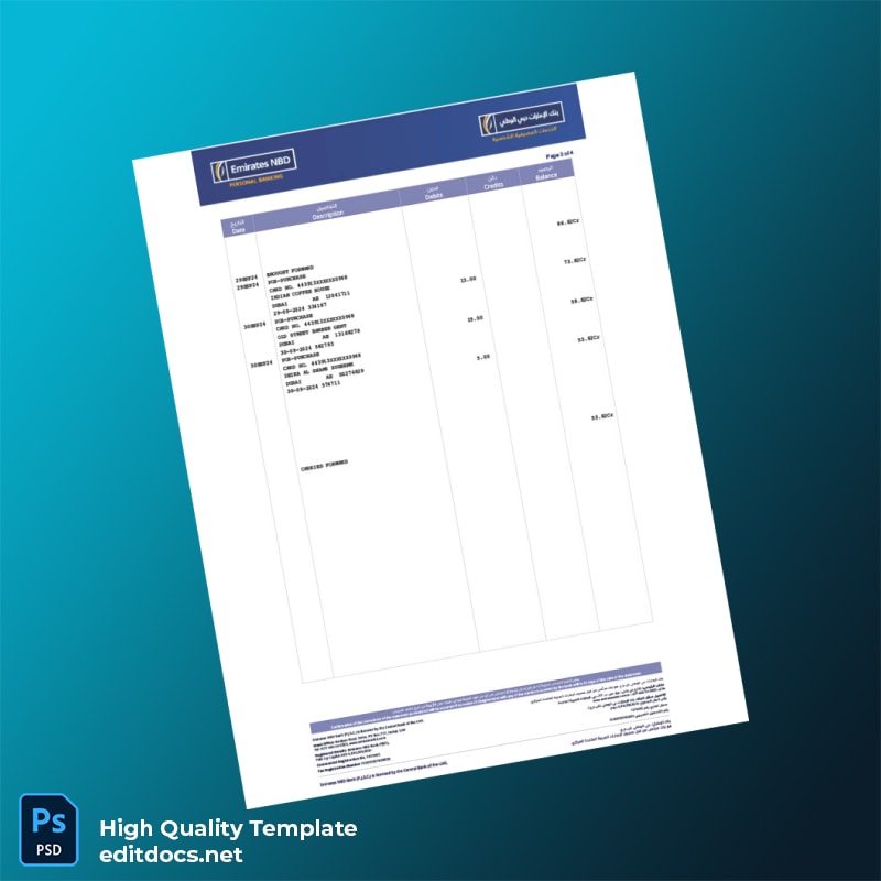 United Arab Emirates Emirates NBD Account Statement Template in Word and PDF formats page 3