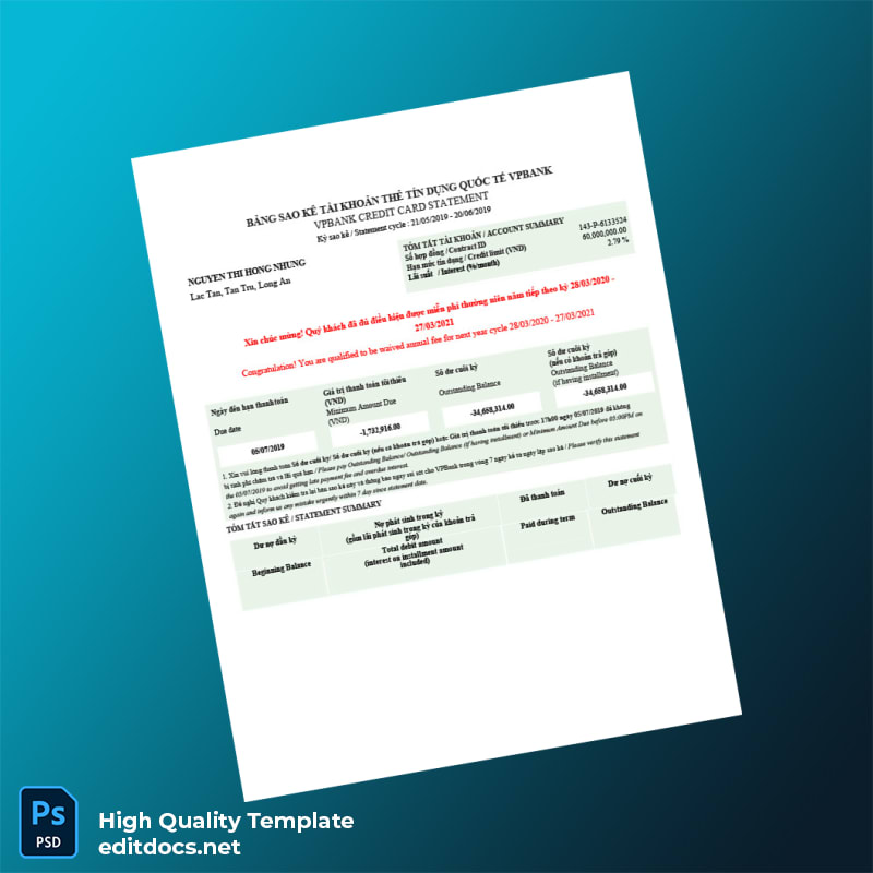 Vietnam Bank Statement Template in Word and PDF formats