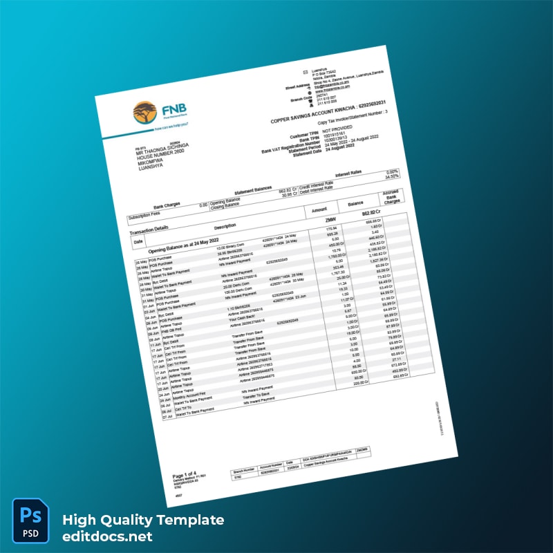 Zambia Bank Statement Template in Word and PDF formats