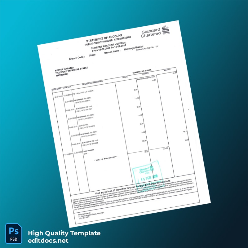 Zimbabwe Standard Chartered Bank Statement Template in Word and PDF formats page 2