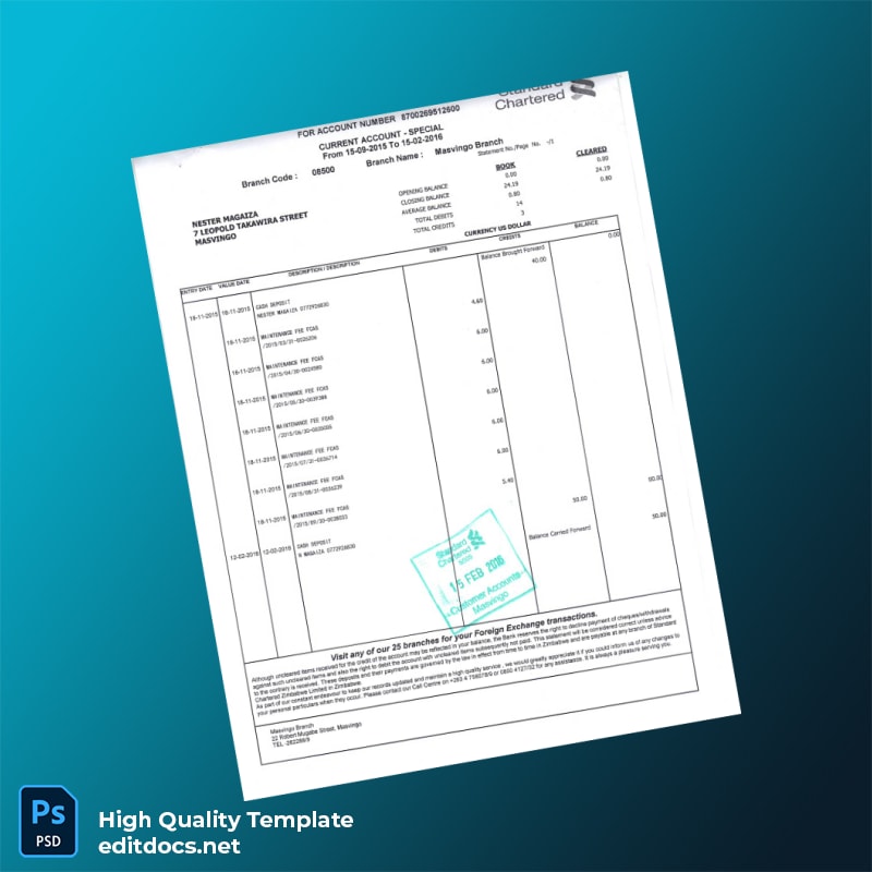 Zimbabwe Standard Chartered Bank Statement Template in Word and PDF formats