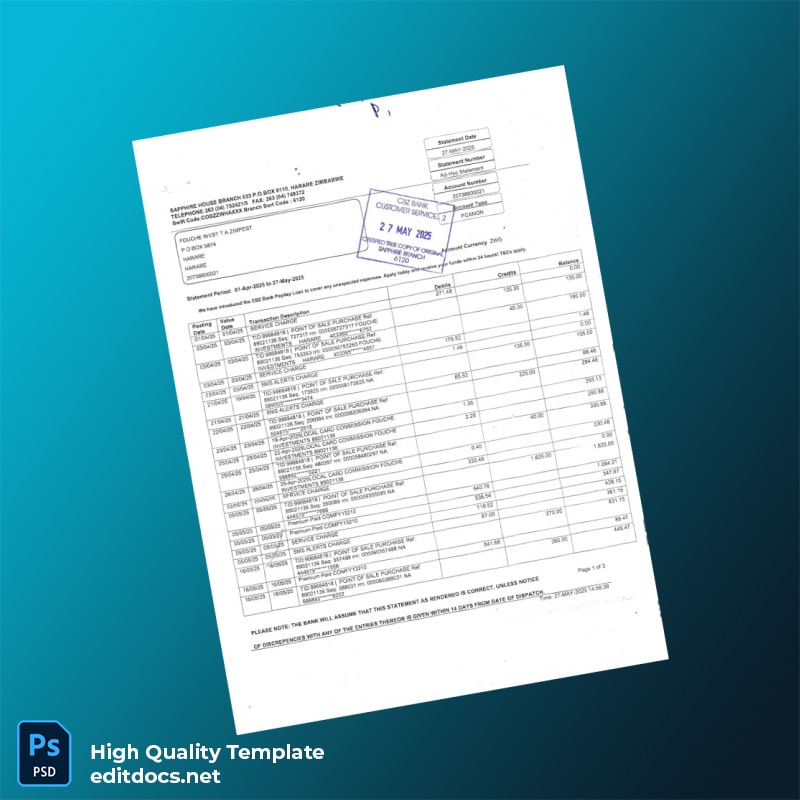 Zimbabwe Zimpest Stambed Bank Statement Template in Word and PDF formats page 2